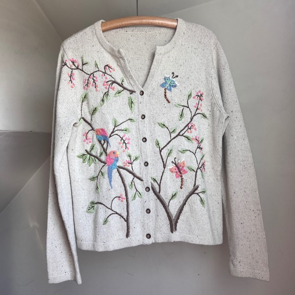 Sweaters - Vintage Embroidered Bird Butterfly Cardigan Beaded Oatmeal Knit Cottagecore Boho